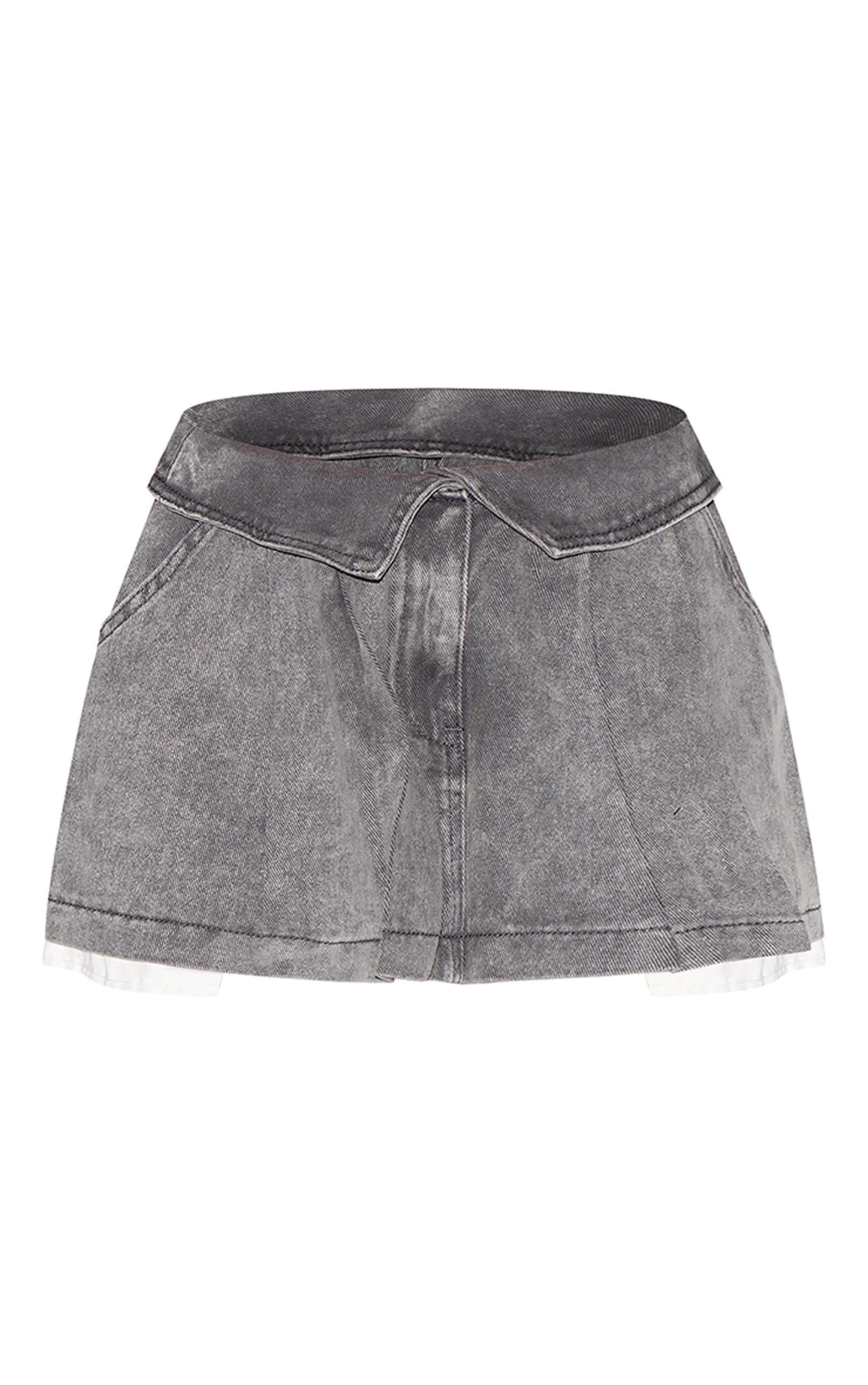 Washed Grey Foldover Waistband Denim Pleated Mini Skirt Product Image
