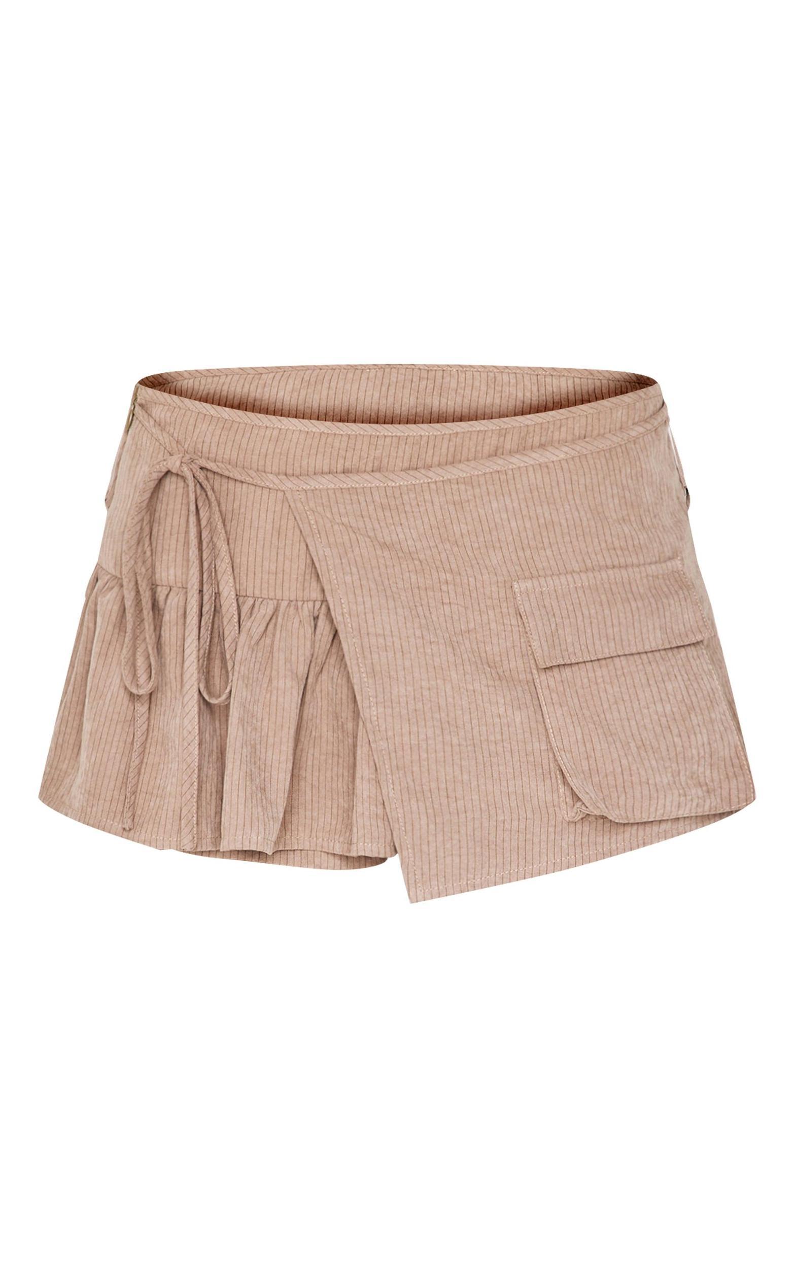Taupe Peach Skin Pinstripe Detail Woven Frill Cargo Detail Skort Product Image