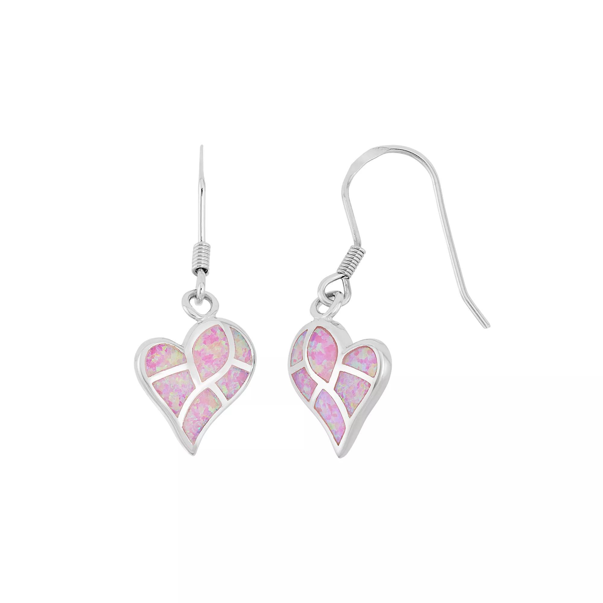 Sterling Silver Lab-Created Pink Opal Heart Drop Earrings, Women's Product Image