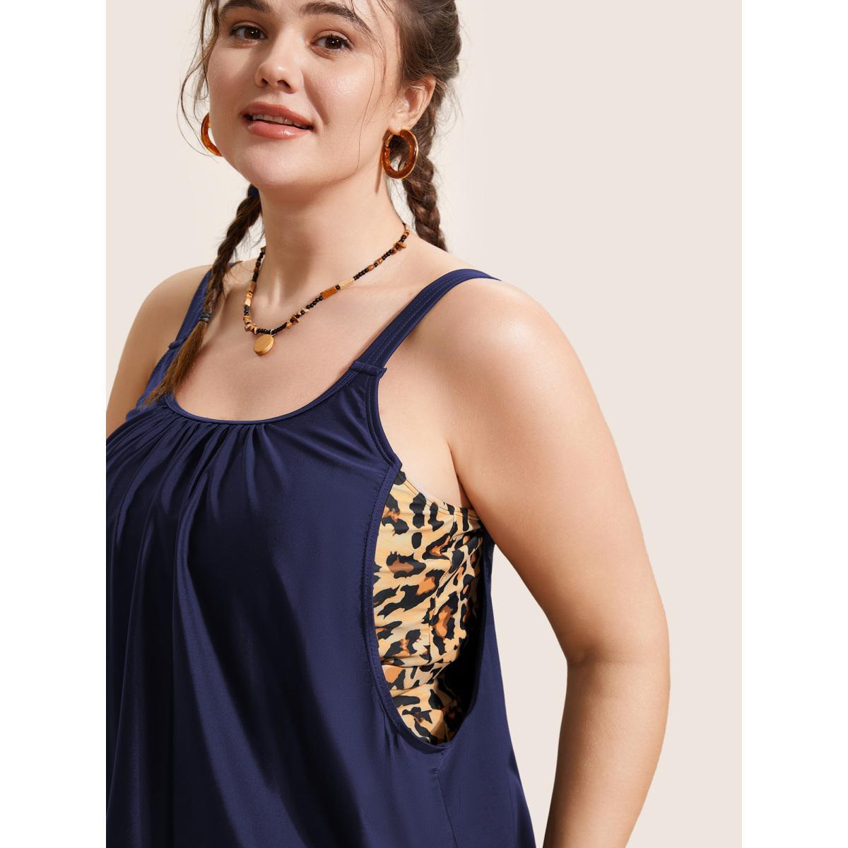 Plus Size Patchwork Leopard Print Gathered Swim Top Women's Swimwear Indigo Beach Gathered High stretch Bodycon U-neck Curve Swim Tops BloomChic 30/6X Product Image