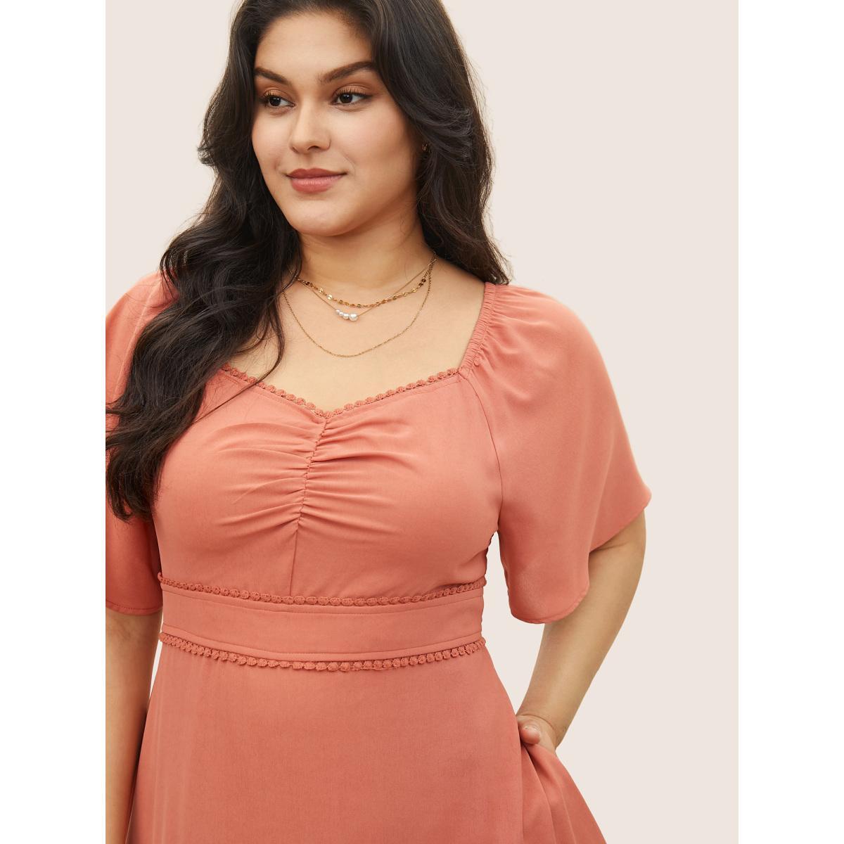 Plus Size Plain Pompom Trim Ruched Patchwork Dress Salmon Women Elegant Non Square Neck Short sleeve Curvy Midi Dress BloomChic 28/5X Product Image