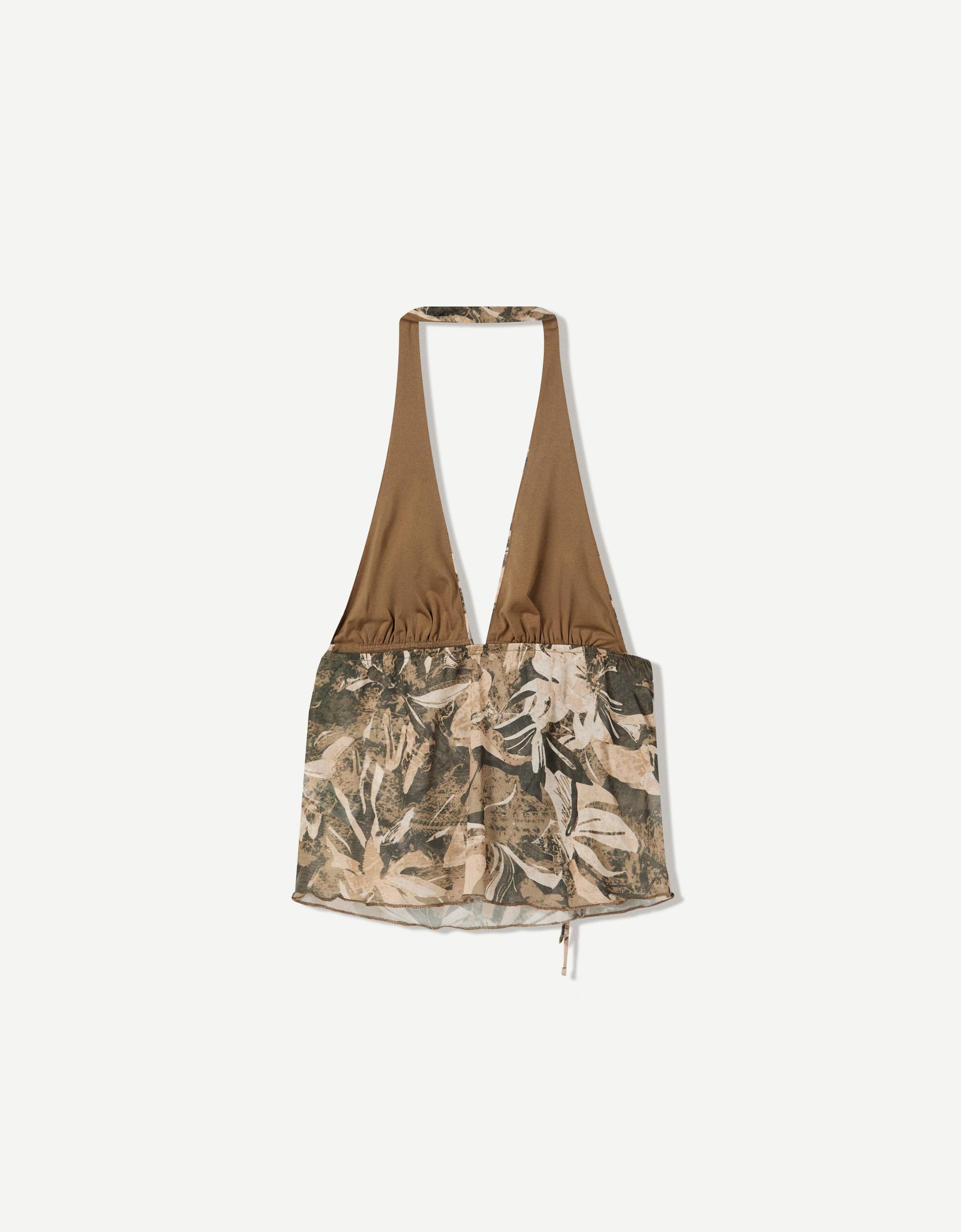Gathered printed tulle halter top Product Image