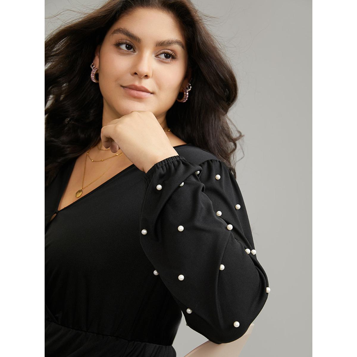 Plus Size Beaded Overlap Collar Pocket Elastic Waist Dress Black Women Elegant Elastic cuffs Overlap Collar Long Sleeve Curvy Midi Dress BloomChic 14-16/1X Product Image