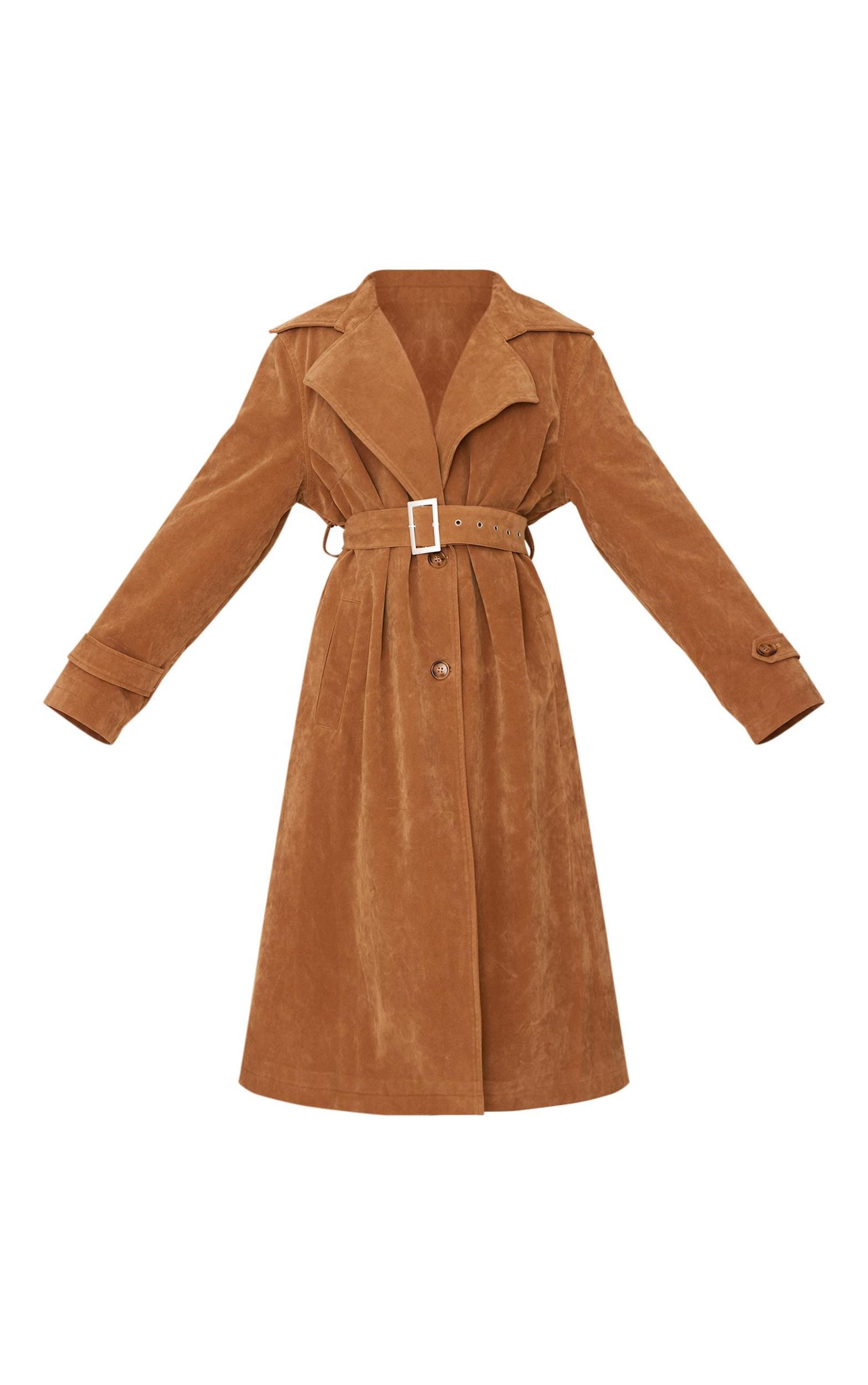 Petite Camel Faux Suede Belted Trench Coat Product Image