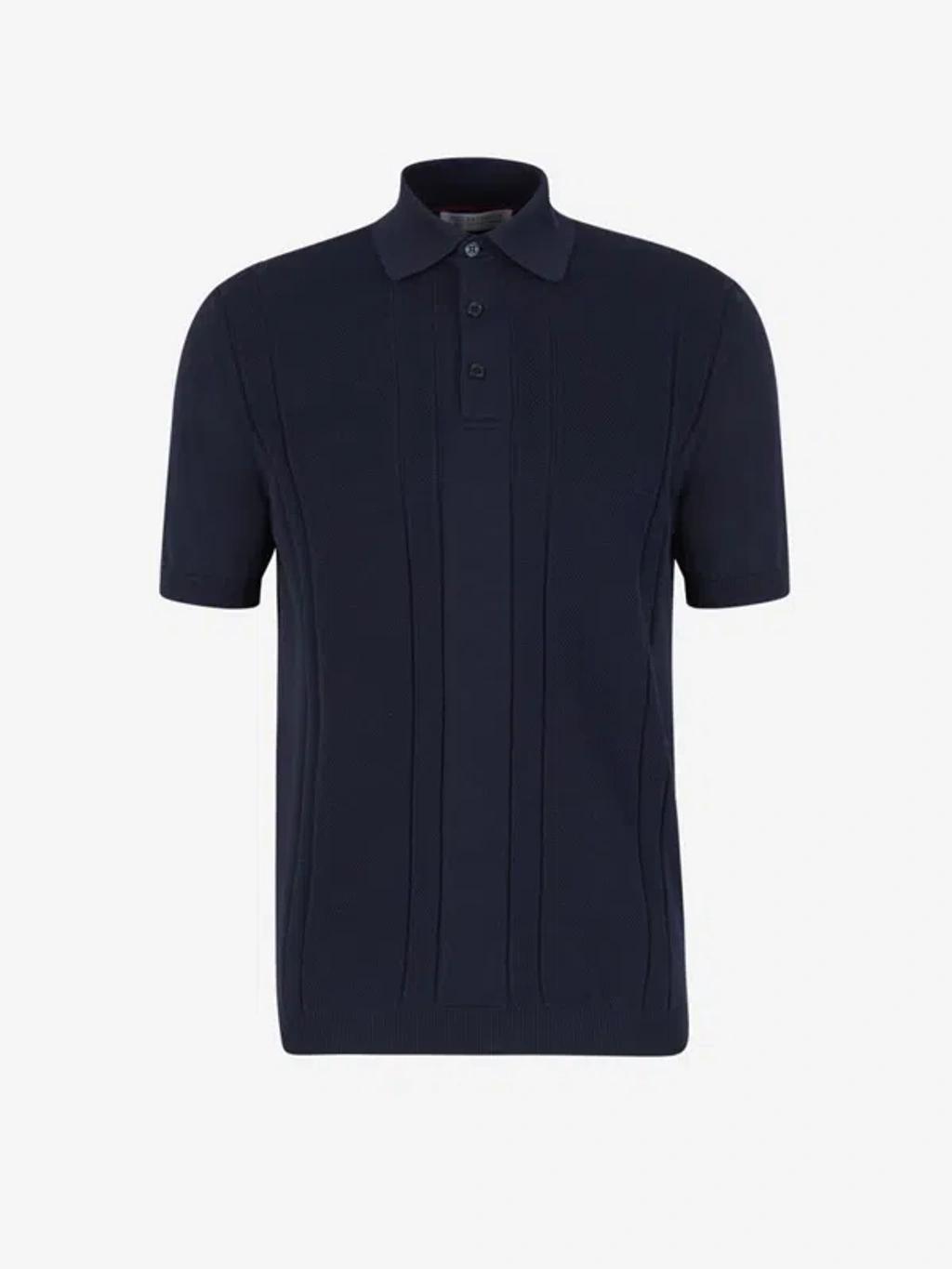 BRUNELLO CUCINELLI Textured Cotton Polo In Blue Product Image
