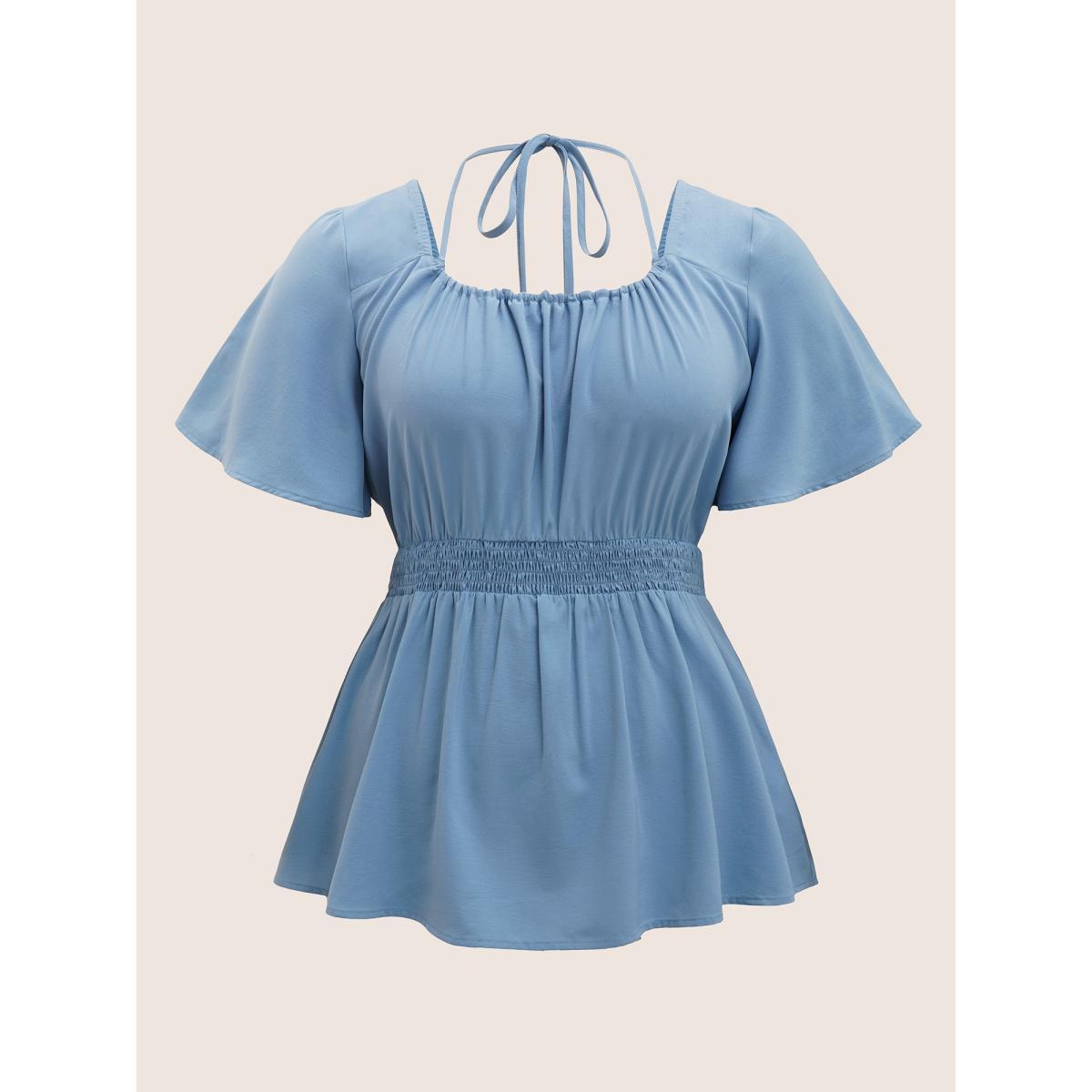 Plus Size LightBlue Plain Halter Neck Shirred Tie Knot Blouse Women Elegant Short sleeve Halter neck Everyday Blouses BloomChic 18-20/2X Product Image