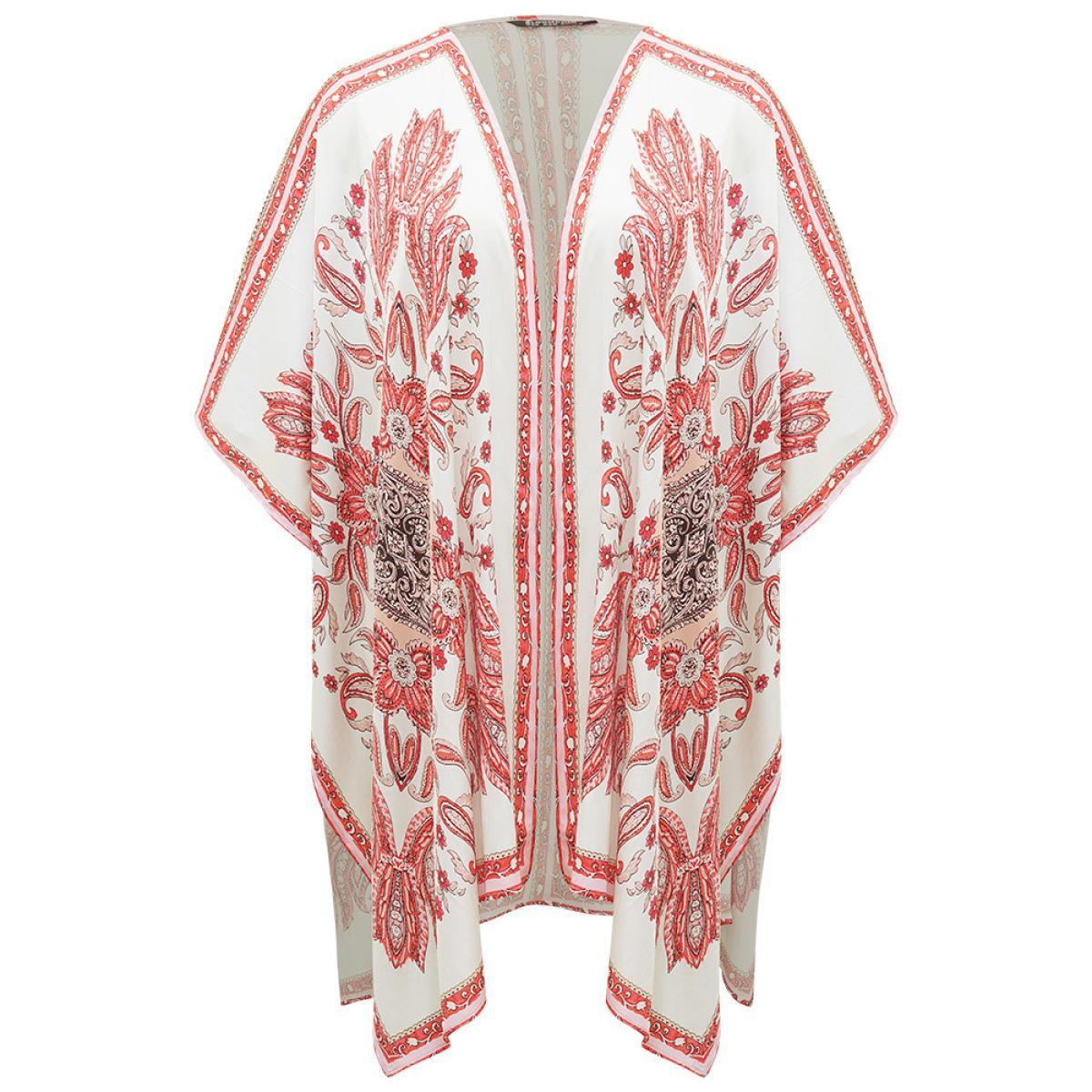 Plus Size Paisley Print Asymmetrical Hem Drape Kimono Women Brown Casual Drape Loose Dailywear Kimonos BloomChic 14-16/1X Product Image