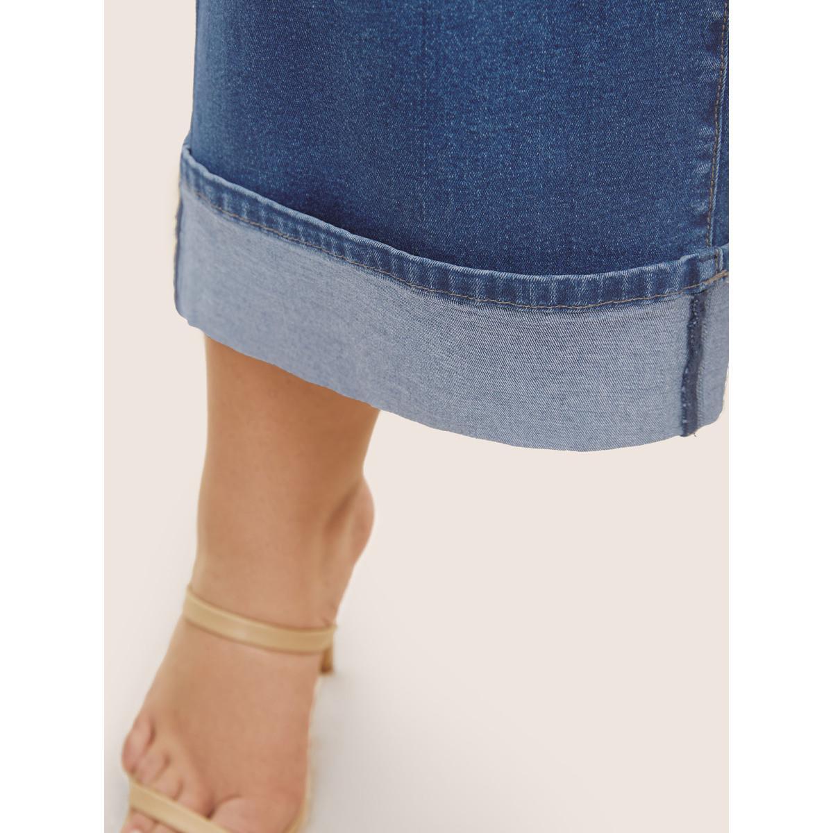 Plus Size Dark Wash Roll Hem Cropped Wide Leg Jeans Women Midblue Casual High stretch Slanted pocket Jeans BloomChic 20/2X Product Image
