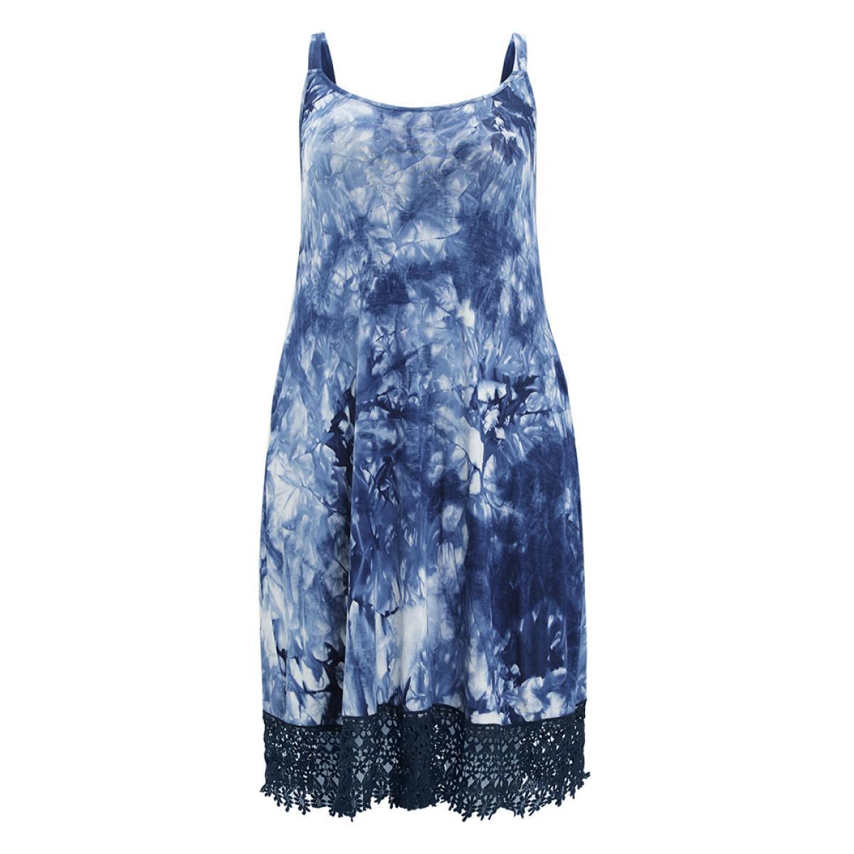 Plus Size Tie Dye Pocket Lace Hem Cami Dress Indigo Women Vacation Adjustable Straps Spaghetti Strap Sleeveless Curvy Midi Dress BloomChic 22-24/3X Product Image