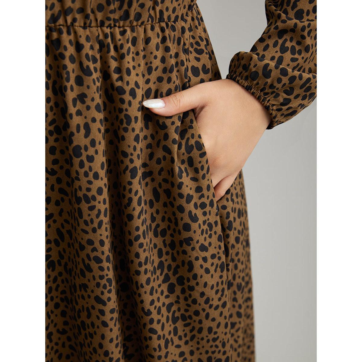 Plus Size Leopard Print Pocket Split Side Keyhole Dress DarkBrown Women Elegant Elastic cuffs Round Neck Long Sleeve Curvy Midi Dress BloomChic 18-20/2X Product Image