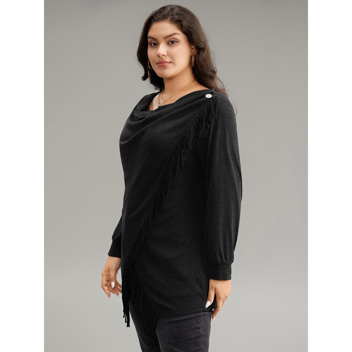 Plus Size Cowl Neck Tassels Button Detail Wrap Sweatshirt Women Black Elegant Wrap Cowl Neck Everyday Sweatshirts BloomChic 22-24/3X Product Image
