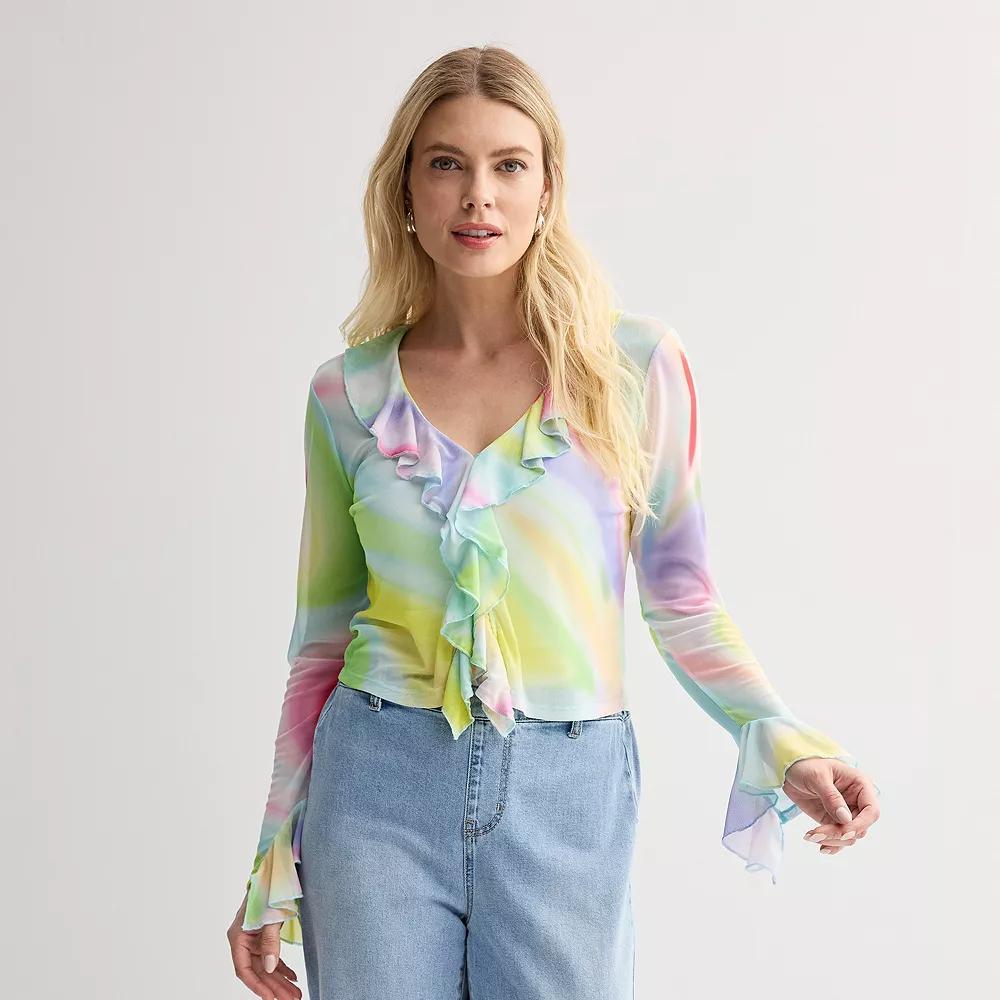 Women's INTEMPO™ Front Opening Mesh Ruffle Blouse, Size: Small, Tie Dye Product Image