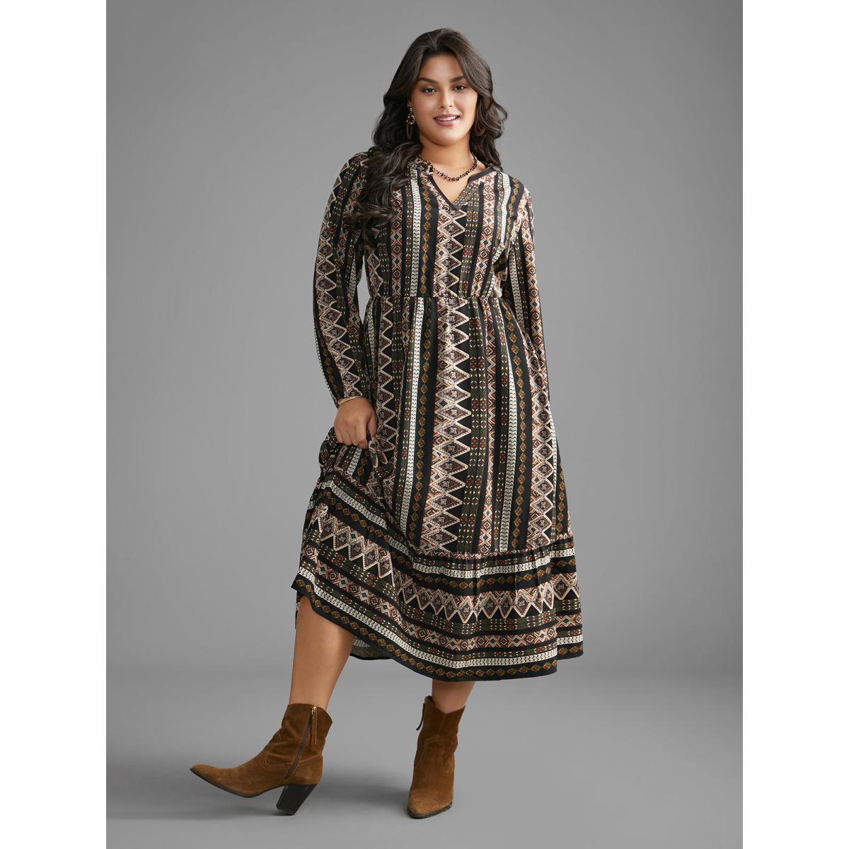 Plus Size Bandana Lantern Sleeve Ruffle Hem Dress Black Women Resort Non Notched collar Long Sleeve Curvy BloomChic 22-24/3X Product Image