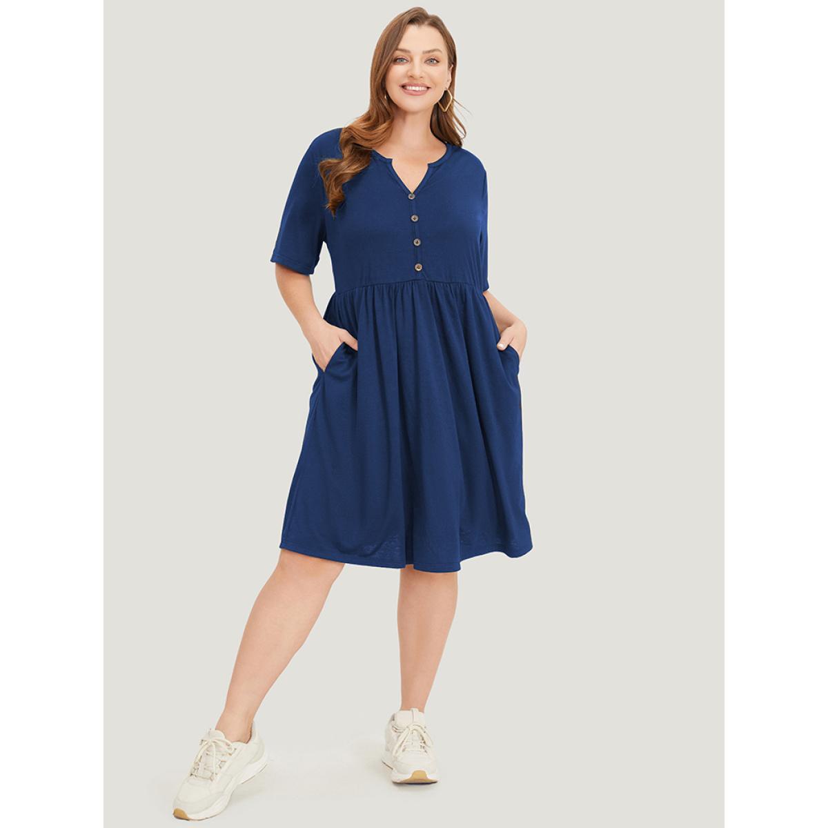 Plus Size Solid Notched Pocket Flutter Hem Dress DarkBlue Women Casual Elastic Waist Notched collar Short sleeve Curvy Midi Dress BloomChic 14-16/1X Product Image