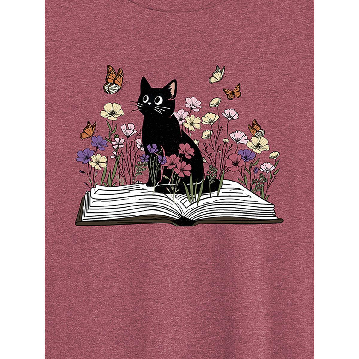 Plus Size Bookish Cat Printed Round Neck T-Shirt Plum Women Non Animals Round Neck Everyday-Casual T-shirts BloomChic 14-16/1X Product Image