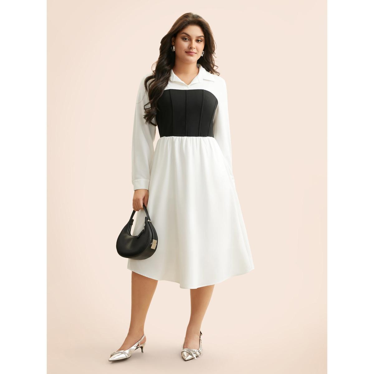 Plus Size Contrast Patchwork Pleated Midi Dress WhiteSmoke Women At the Office Contrast Shirt collar Long Sleeve Curvy BloomChic 12/L Product Image