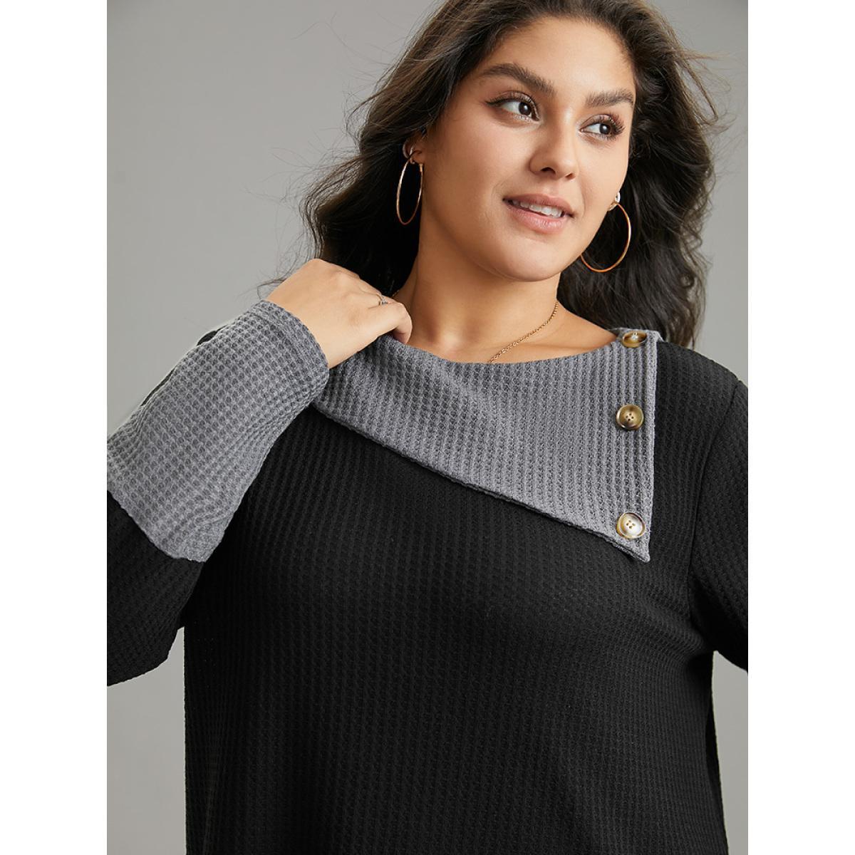 Plus Size Waffle Knit Lapel Collar Patchwork T-shirt Black Women Casual Waffle Knit Plain Round Neck Dailywear T-shirts BloomChic 18-20/2X Product Image