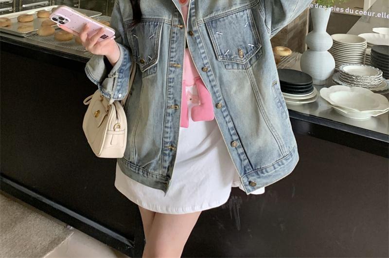 Collared Embroidered Washed Button-Up Denim Jacket Product Image