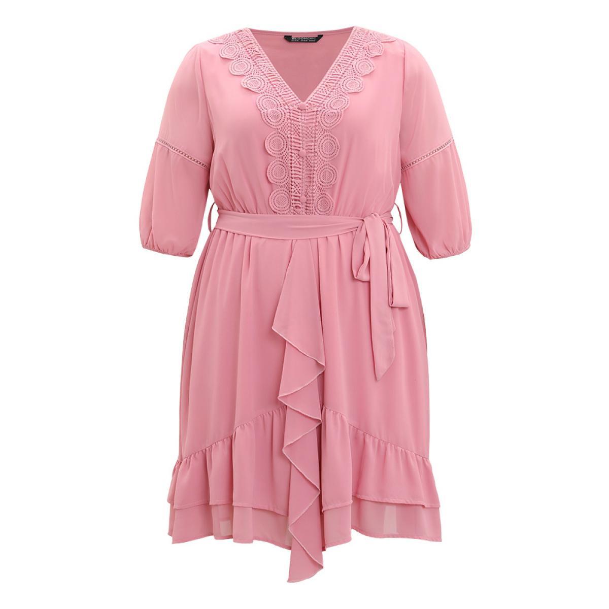 Plus Size Lace Panel Ruffle Trim Belted Lantern Sleeve Dress Pink Women Vacation Patchwork V-neck Elbow-length sleeve Curvy Knee Dress BloomChic 26/4X Product Image