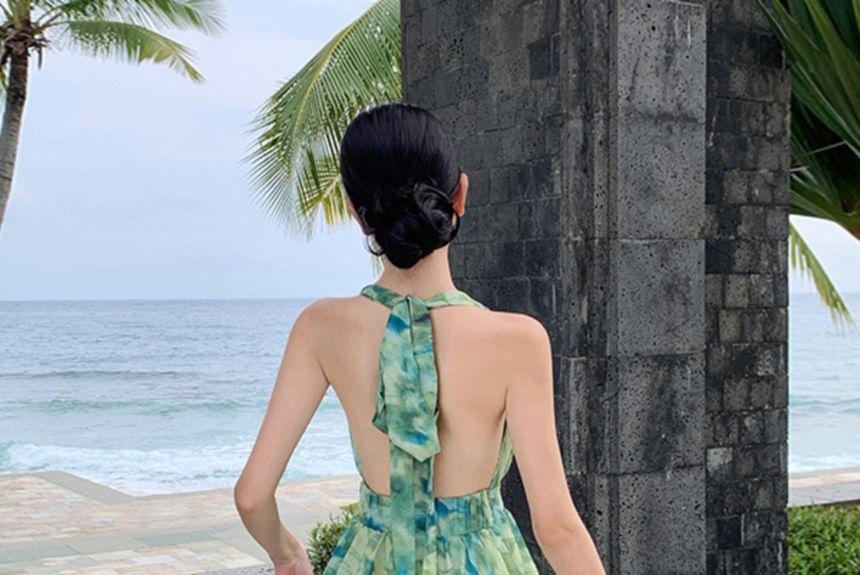 Halter V-Neck Patterned Print Tiered Maxi A-Line Dress Product Image