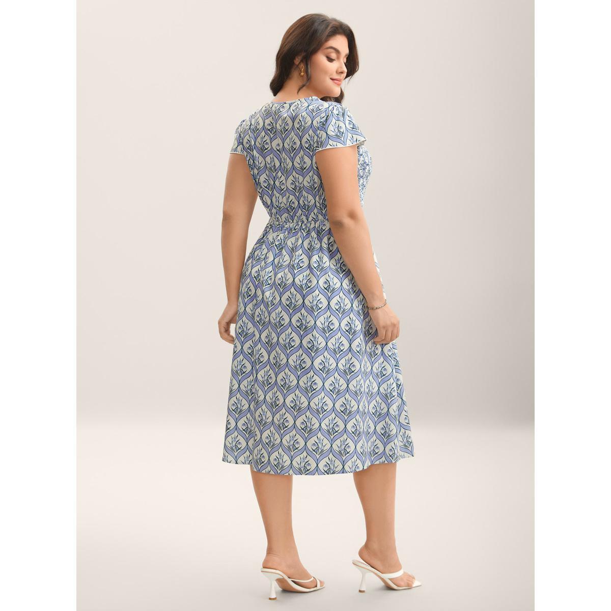 Plus Size Boho Floral Print Shirred Pockets Midi Dress LightBlue Women Square Neck Cap Sleeve Curvy BloomChic 28/5X Product Image