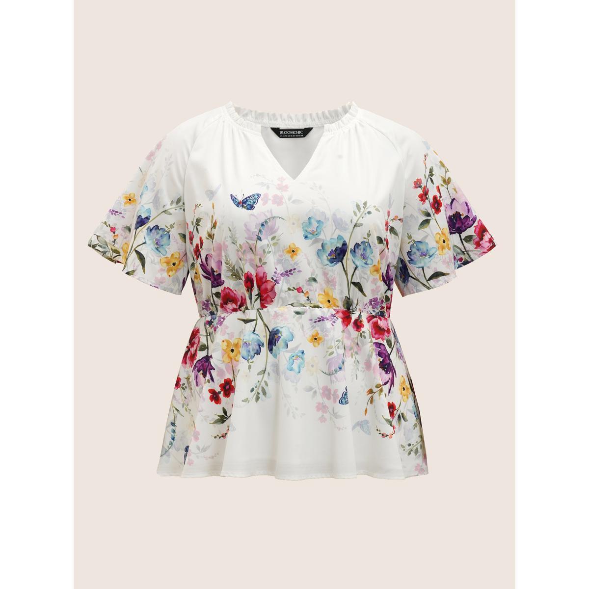 Plus Size Multicolor Floral Flat Collar With V Notch Frill Trim Blouse Women Elegant Short sleeve Flat collar with V-notch Everyday Blouses BloomChic 12/L Product Image
