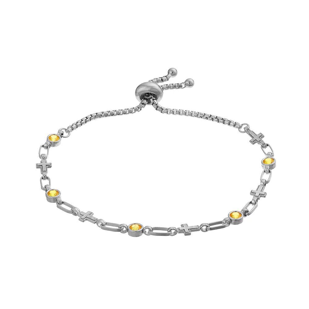 Kristen Kesho Sterling Silver Lab-Created Yellow Sapphire & Cross Link Adjustable Bolo Bracelet, Women's, Size: 9.50 Product Image
