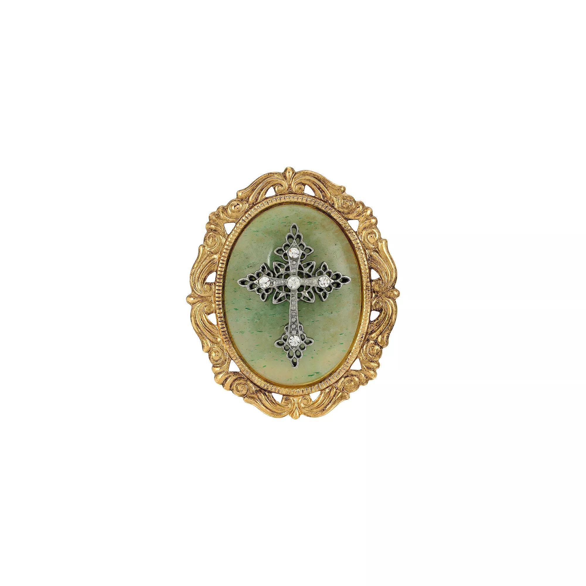 Symbols Of Faith Gold Tone Crystal Cameo Cross Brooch, Womens, Green Product Image