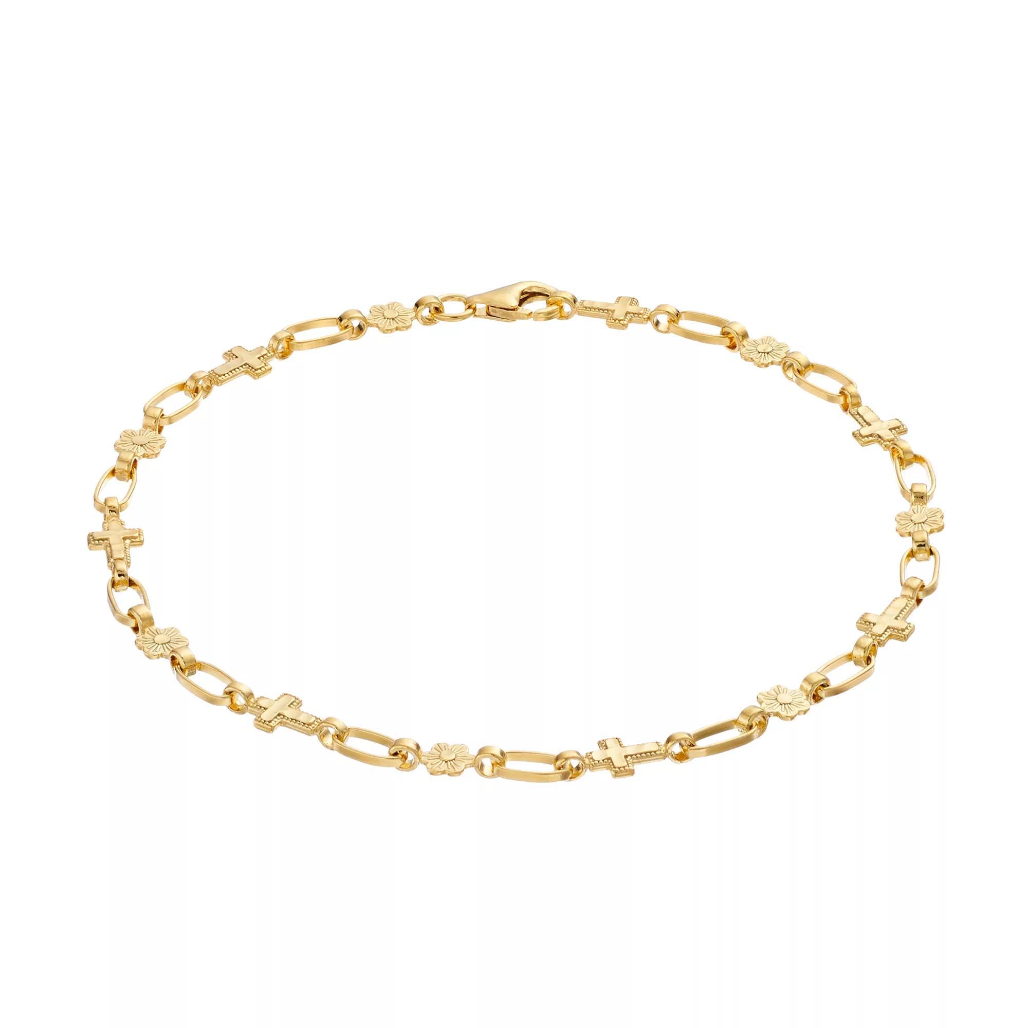 Kristen Kesho Sterling Silver Flower & Cross Link Bracelet, Women's, Size: 7.5", Gold Tone Product Image
