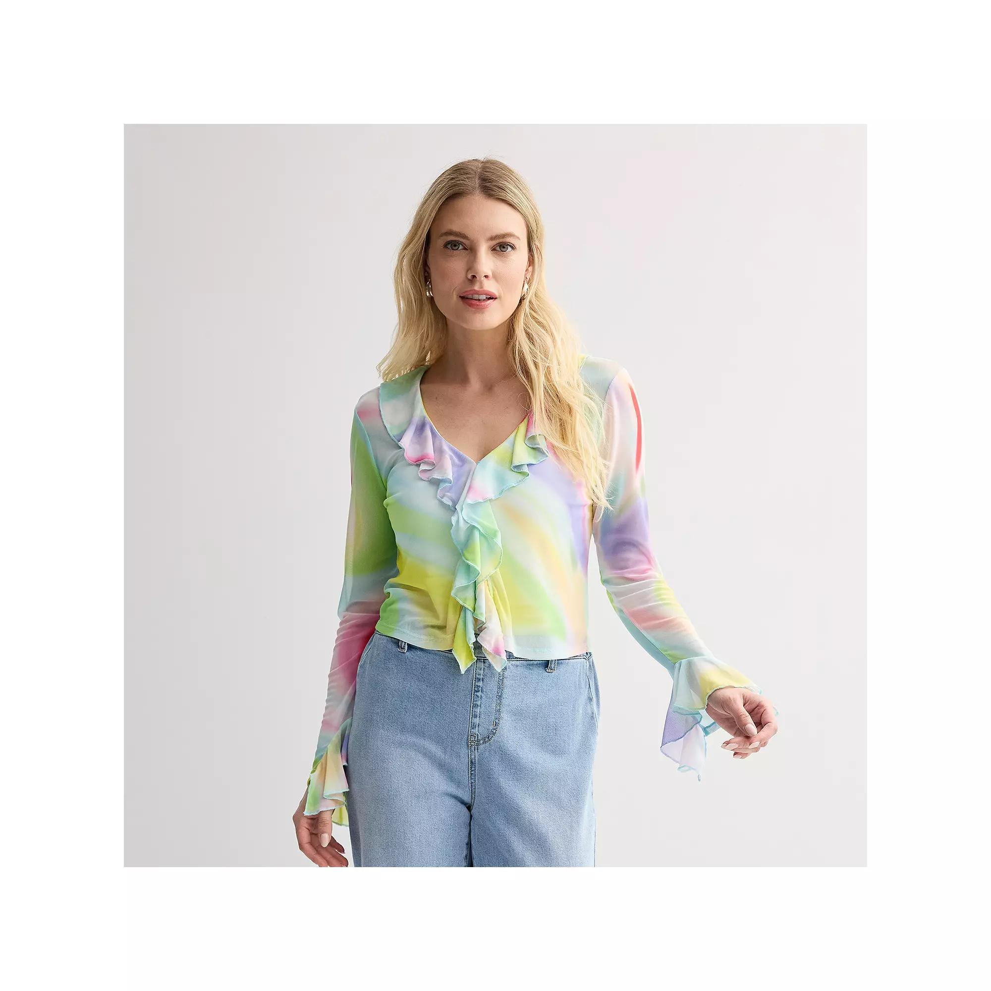Women's INTEMPO™ Front Opening Mesh Ruffle Blouse, Size: Small, Tie Dye Product Image