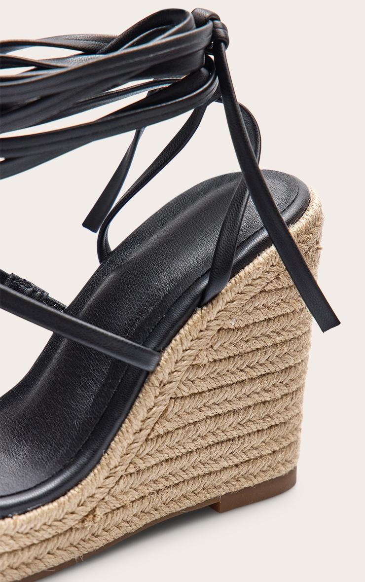 Black Pu Square Toe Espadrille Lace Up High Heeled Wedges Product Image