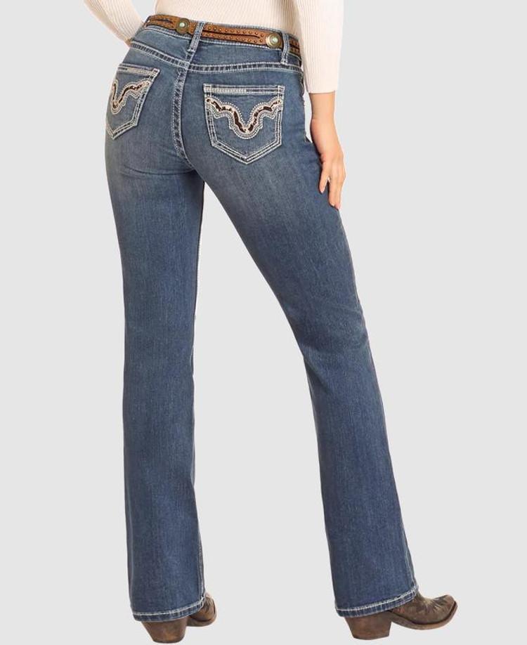 SALE Rock & Roll Denim® Ladies' Mid Rise Cowhide Embroidered Boot Cut Jeans Product Image