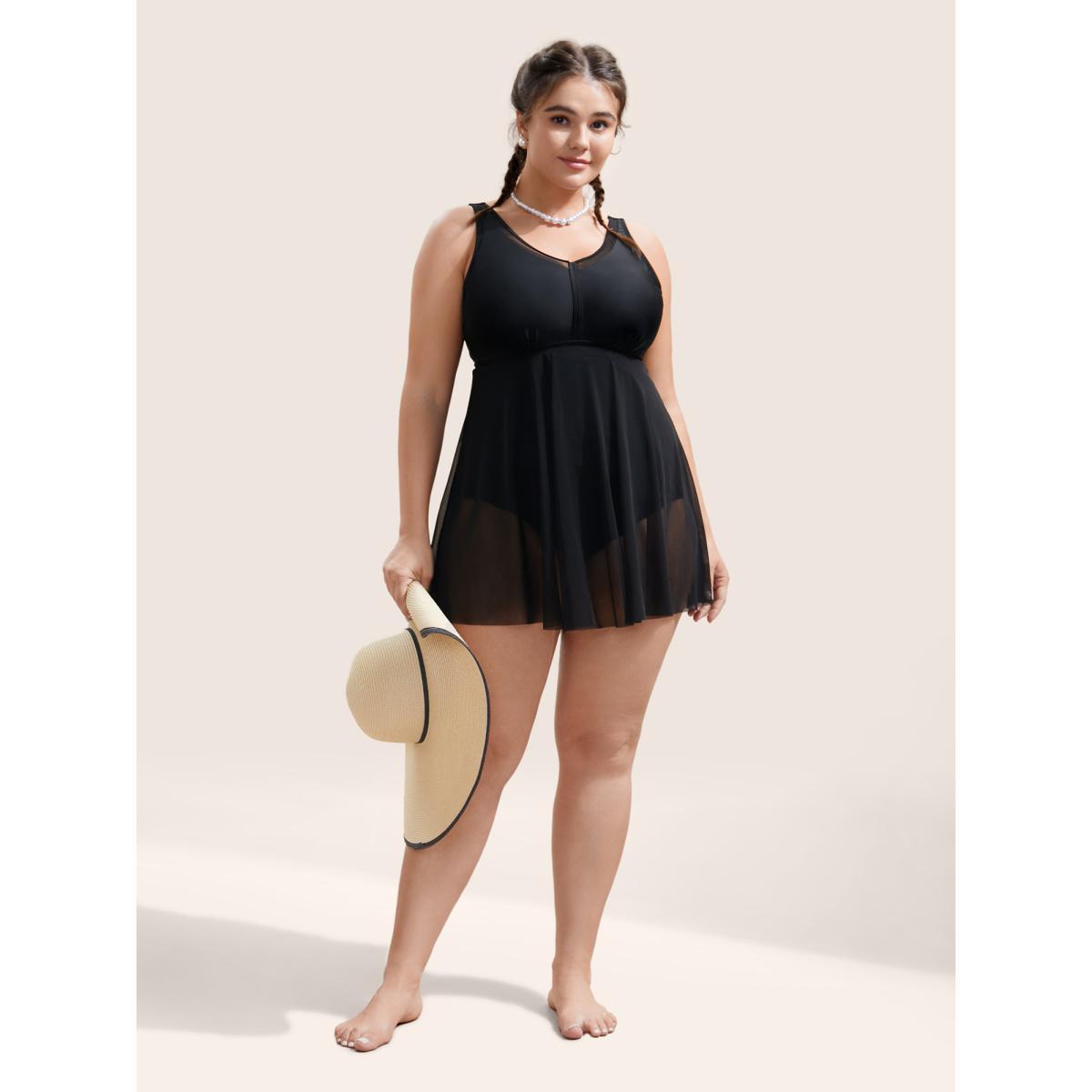Plus Size Solid Mesh Patchwork Adjustable Straps Swim Dress Women's Swimwear Black Beach Bodycon V-neck High stretch Curve Swim Dresses BloomChic 12/L Product Image