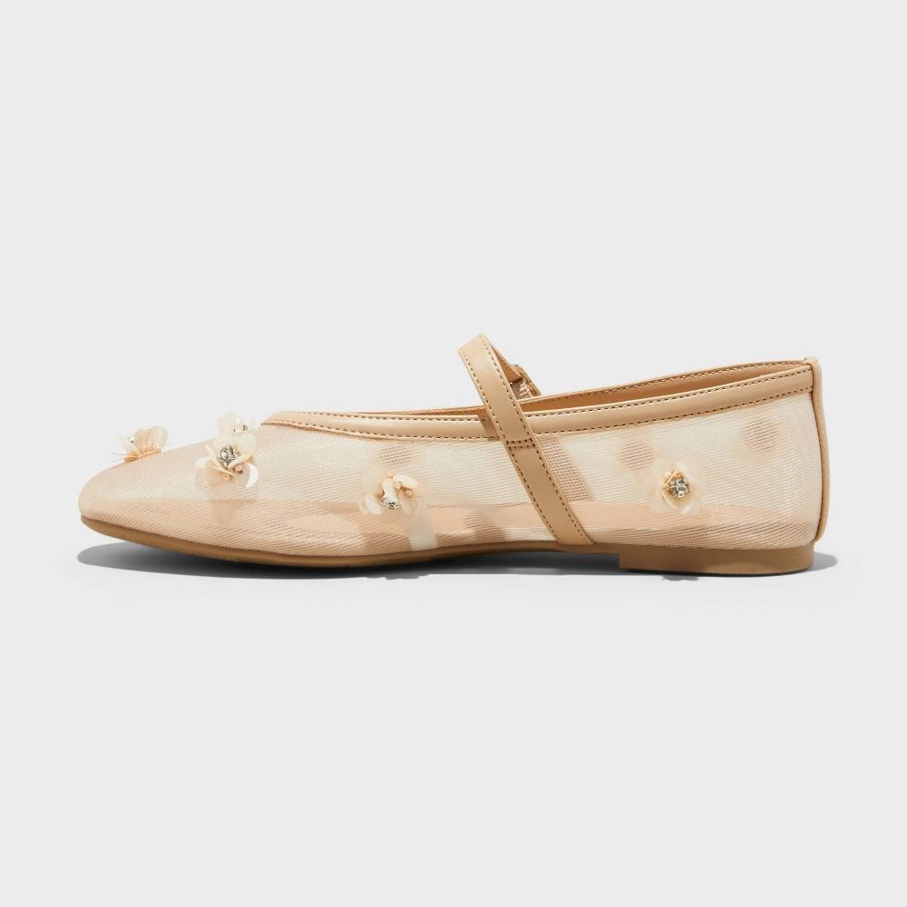 Womens Everly Floral Mesh Mary Jane Ballet Flats with Memory Foam Insole - A New Day Beige 11 Product Image