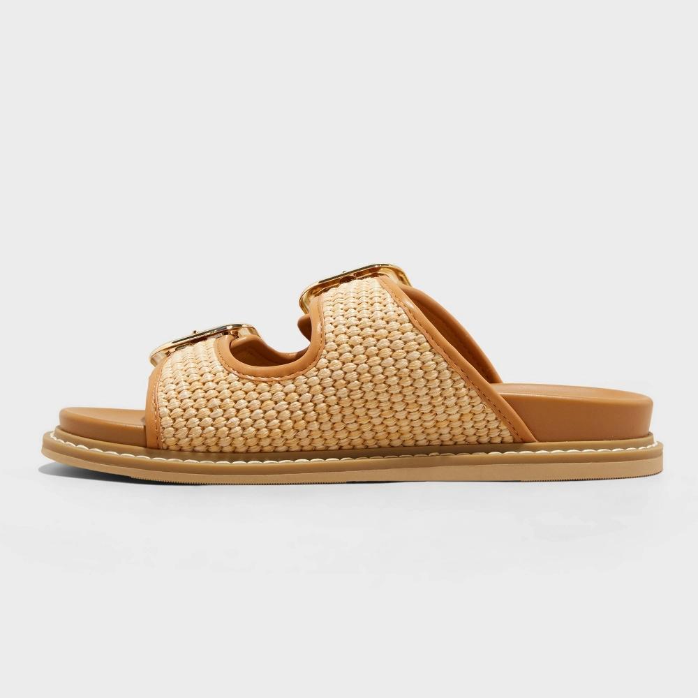 Womens Collin Double Buckle Footbed Sandals - Universal Thread Tan 6: Slip-On, Contoured Footbed, Cushioned Insole, Open Toe Product Image