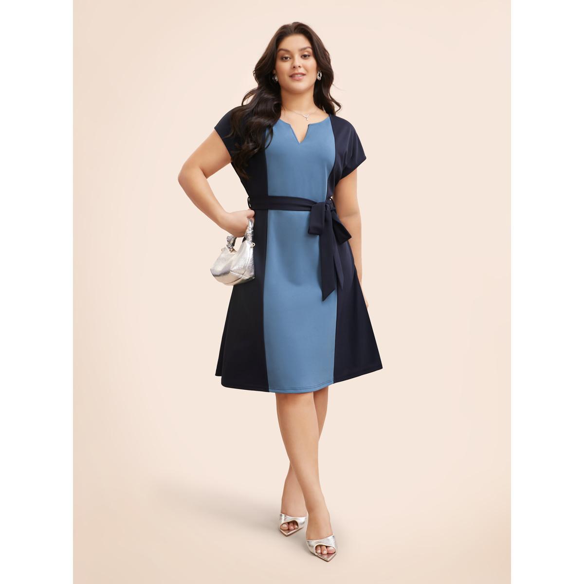 Plus Size Notched Contrast Patchwork Belted Dress Indigo Women At the Office Belted Flat collar with V-notch Cap Sleeve Curvy BloomChic 12/L Product Image