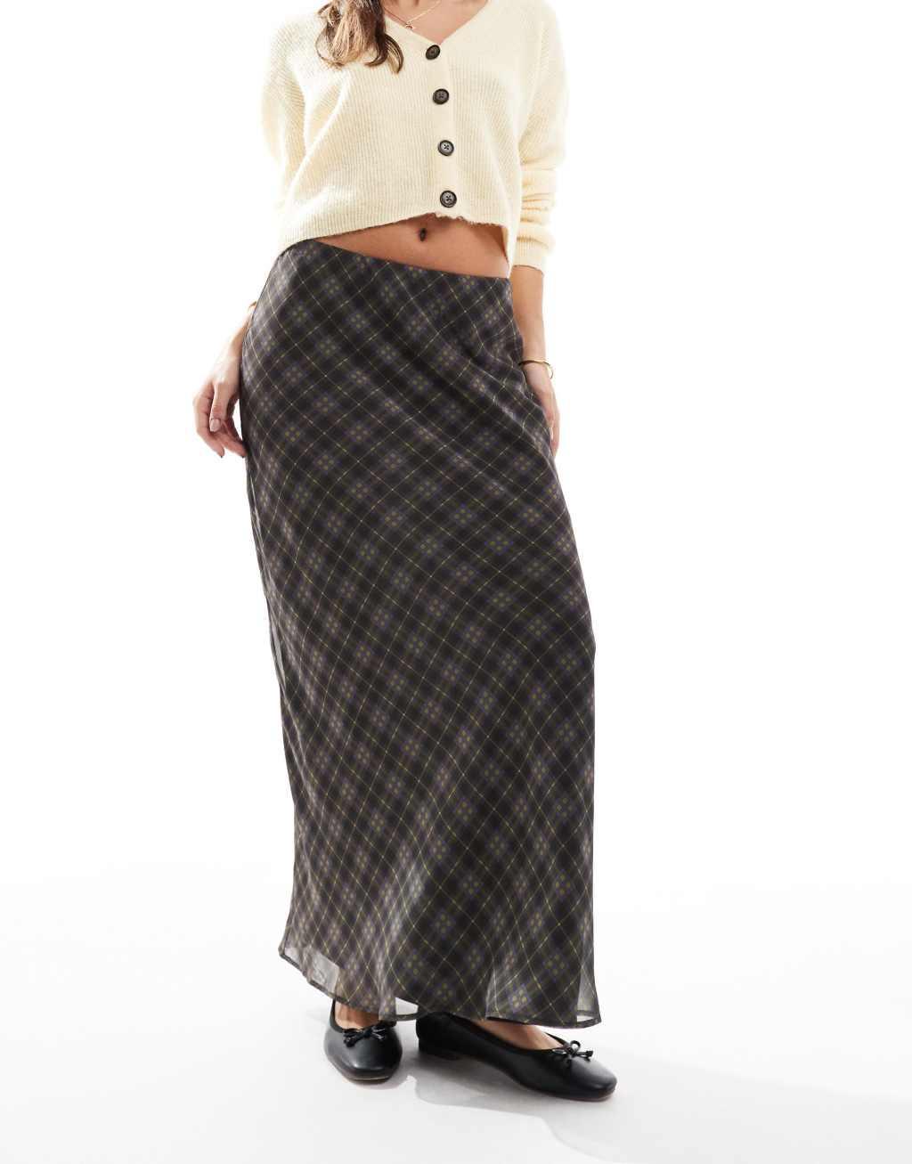 ASOS DESIGN chiffon bias cut maxi skirt in plaid print Product Image