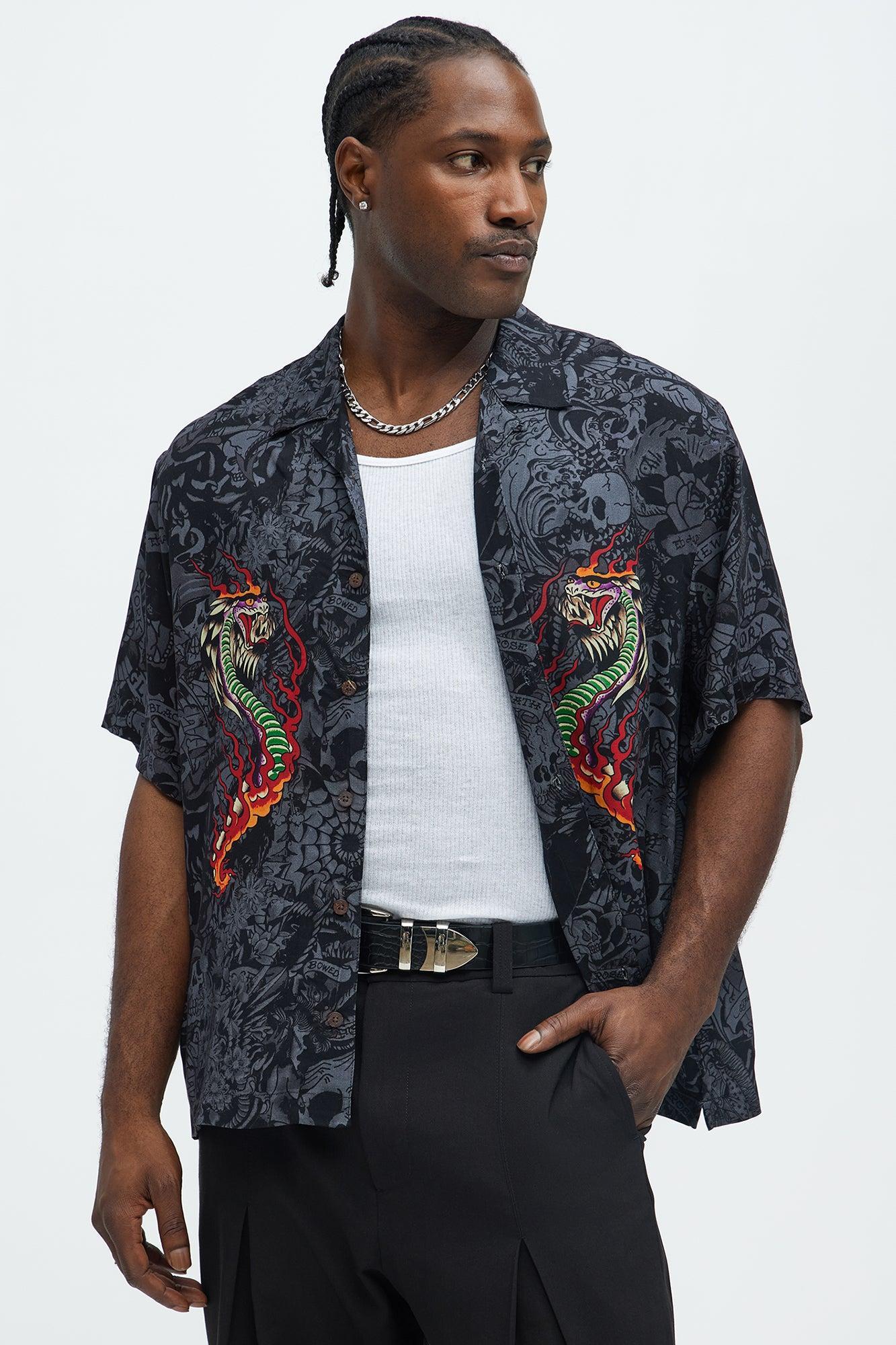 Ed Hardy Regular Fit Cobra Flame Button Up Shirt - Black Product Image