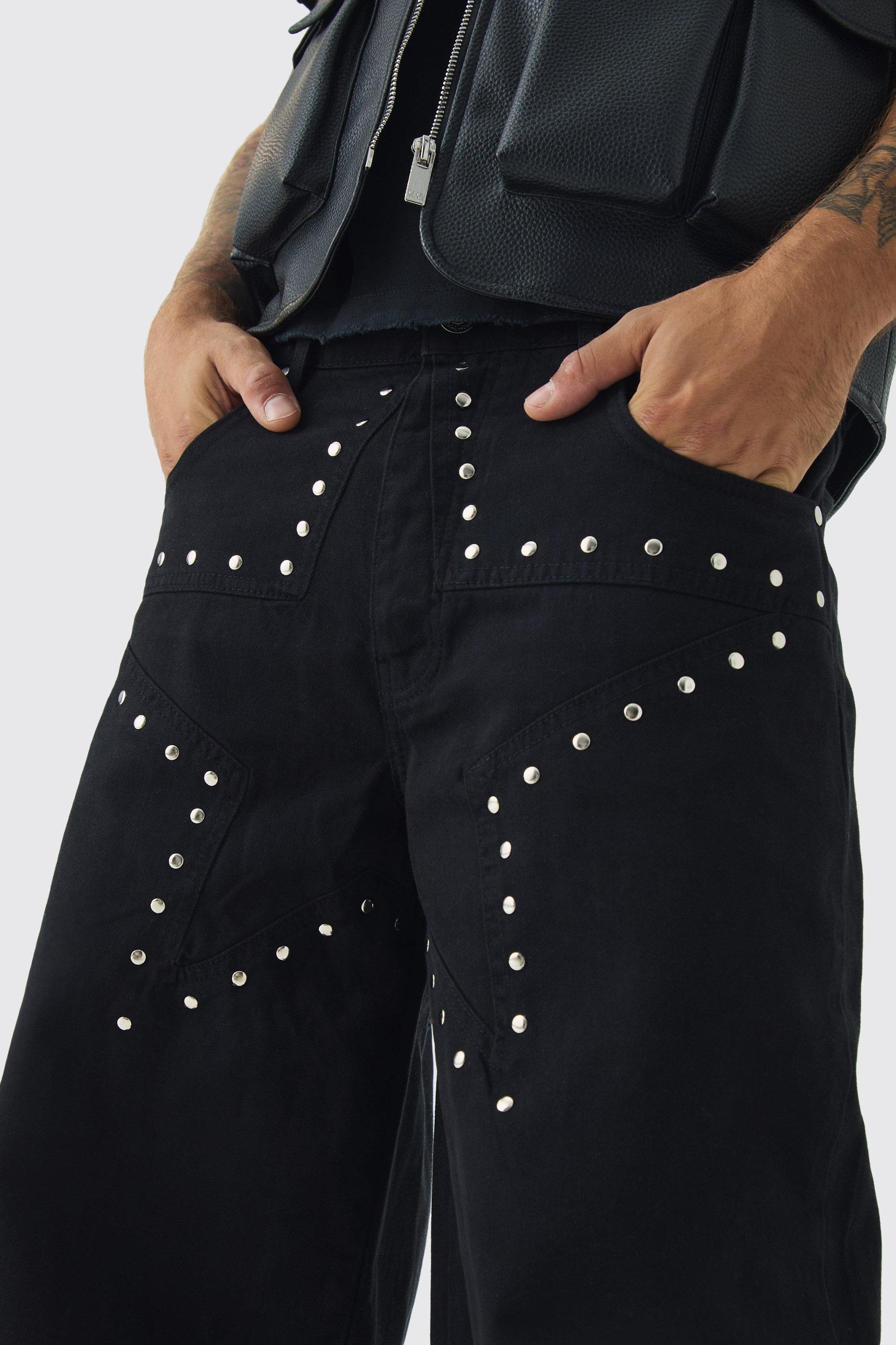 Baggy Fit Rigid Star Studded Jeans | boohooMAN USA Product Image