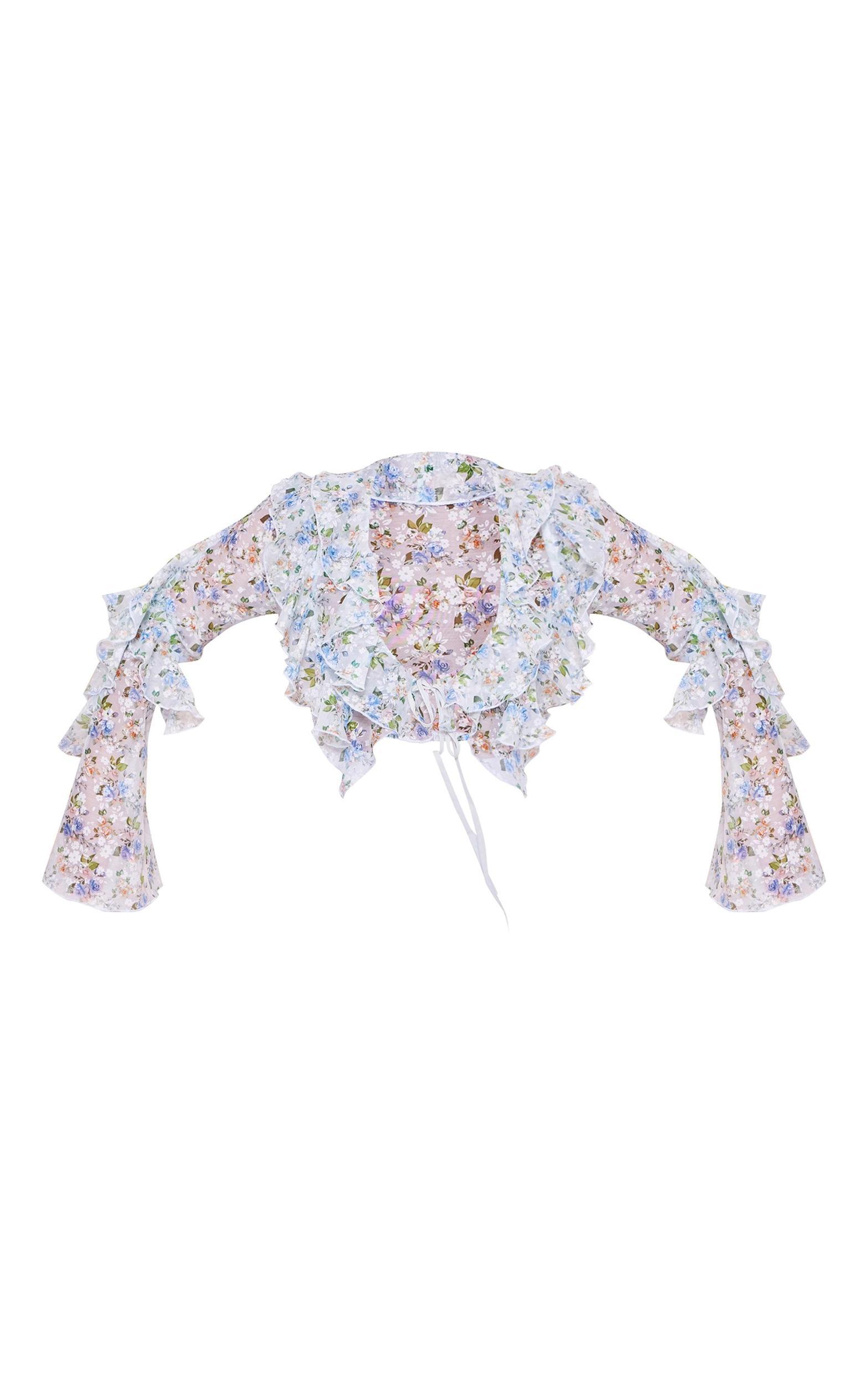 Plus Blue Floral Sheer Woven Ruffle Tie Crop Blouse Product Image