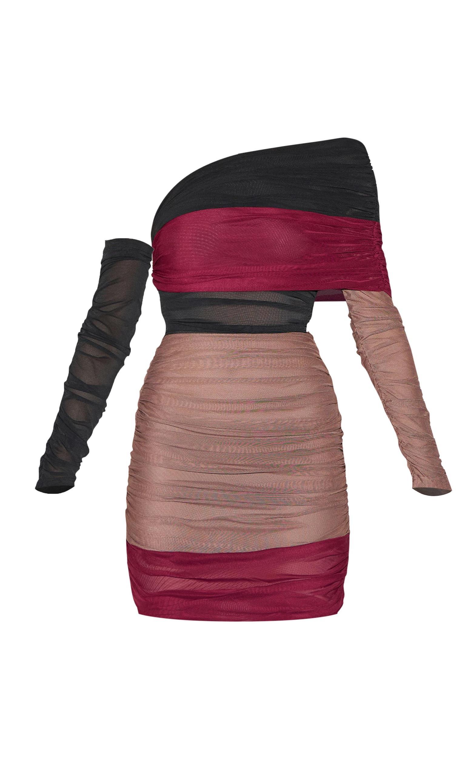 PLT Label Burgundy Bandage Mesh Panel Ruched Asymmetrical Bodycon Dress Product Image