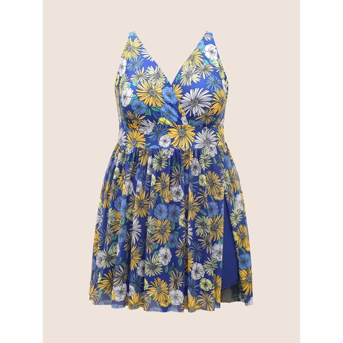 Plus Size Overlap Collar Floral Mesh Split Side Swim Dress Women's Swimwear Indigo Beach Bodycon Overlap Collar High stretch Curve Swim Dresses BloomChic 26/4X Product Image