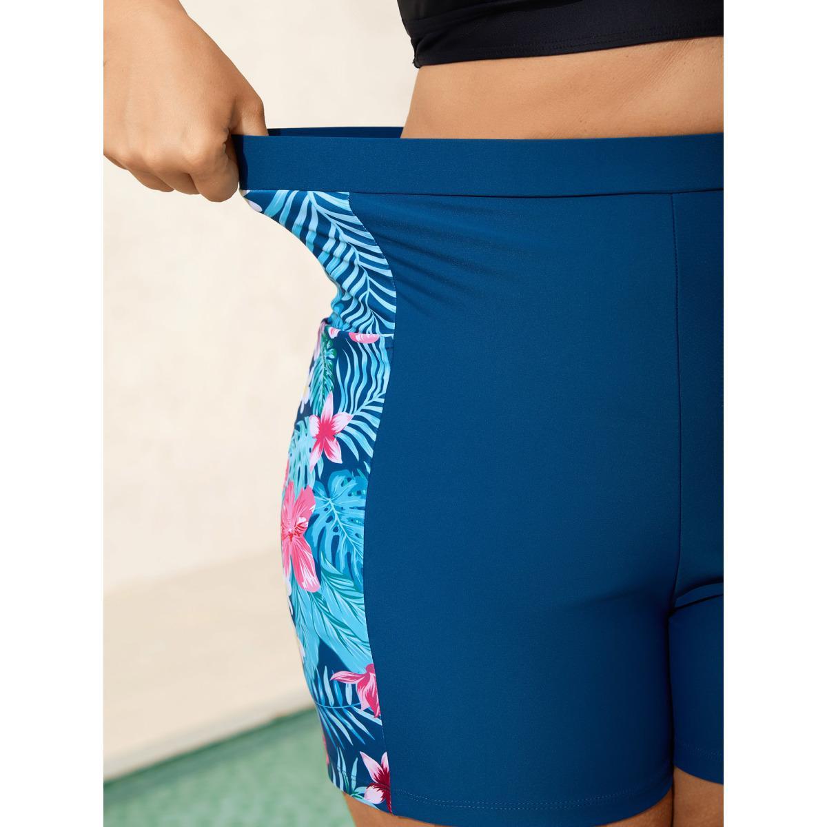 Plus Size Tropical Print Side Pockets Contrast Swim Bottoms Women's Swimwear Cyan Beach High stretch Skinny High Rise Side seam pocket Curve Swim Bottoms BloomChic 18-20/2X Product Image