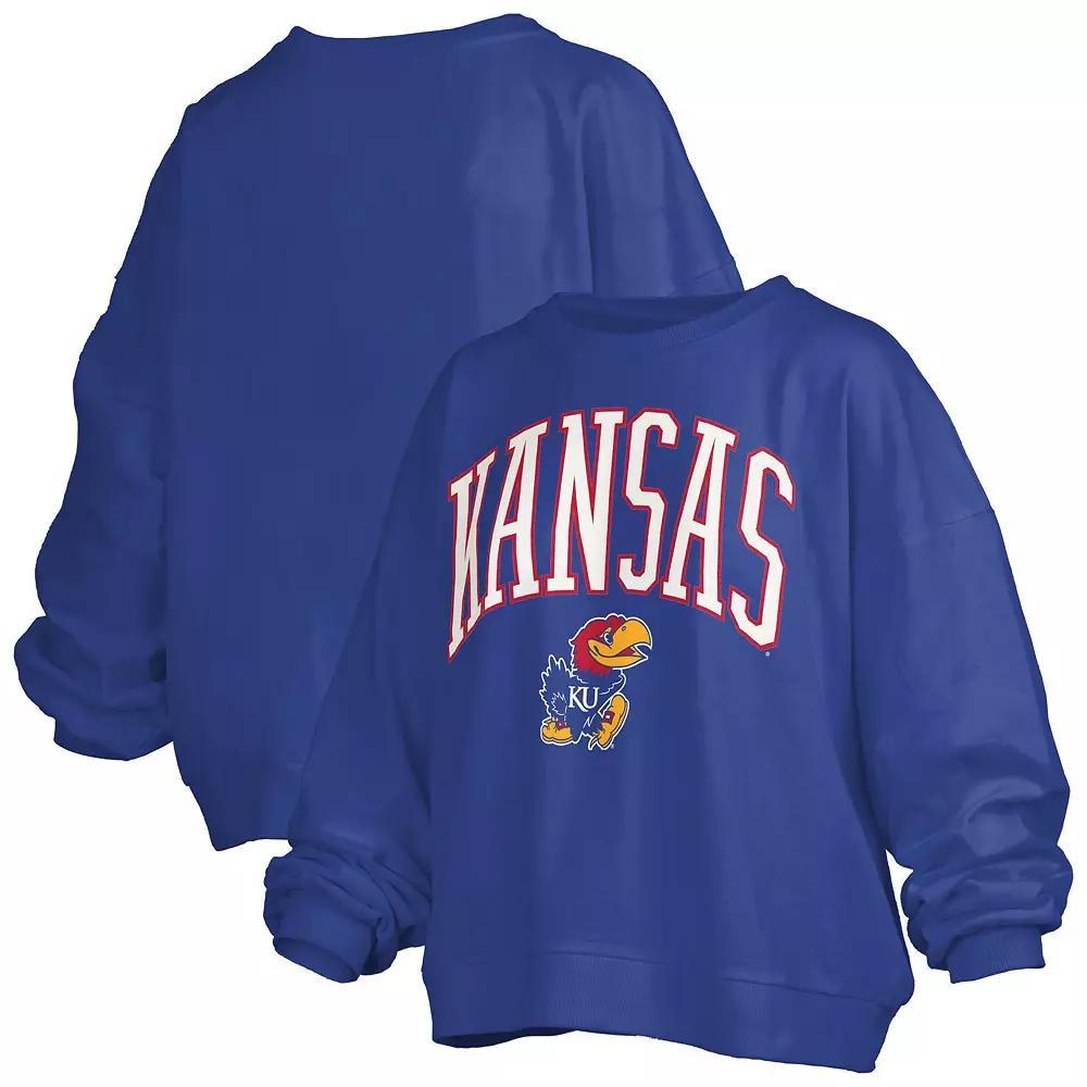 Women's Pressbox Royal Kansas Jayhawks Janise Arch Over Logo Waist Length Oversized Pullover Sweatshirt, Size: Small, Blue Product Image