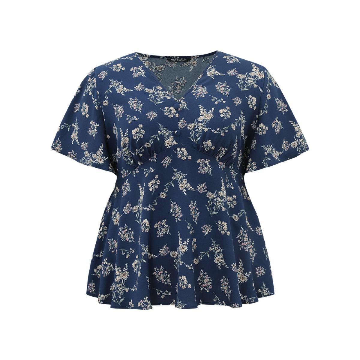Plus Size Indigo Floral Print Flutter Sleeve Button Detail Blouse Women Elegant Short sleeve V-neck Dailywear Blouses BloomChic 18-20/2X Product Image