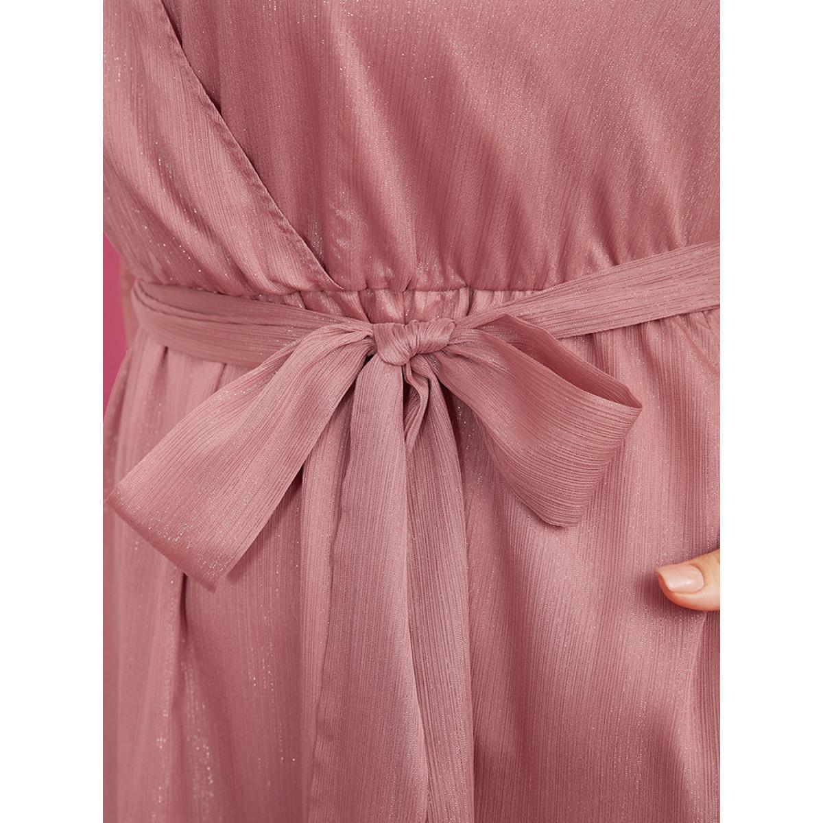 Plus Size Solid Pocket Belted Surplice Neck Midi Dress DustyPink Women Elegant Belted V-neck Long Sleeve Curvy Midi Dress BloomChic 22-24/3X Product Image