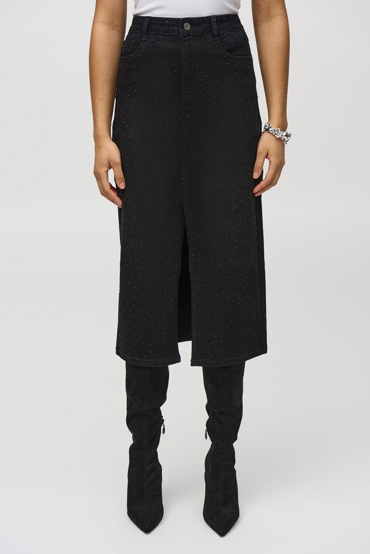 Classic Denim Pencil Skirt w/ Rhinestones- Black Product Image