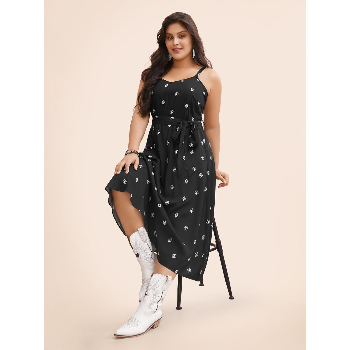 Plus Size Cami Printed A-line Midi Dress Black Women Resort Belted V-neck Sleeveless Curvy BloomChic 12/L Product Image