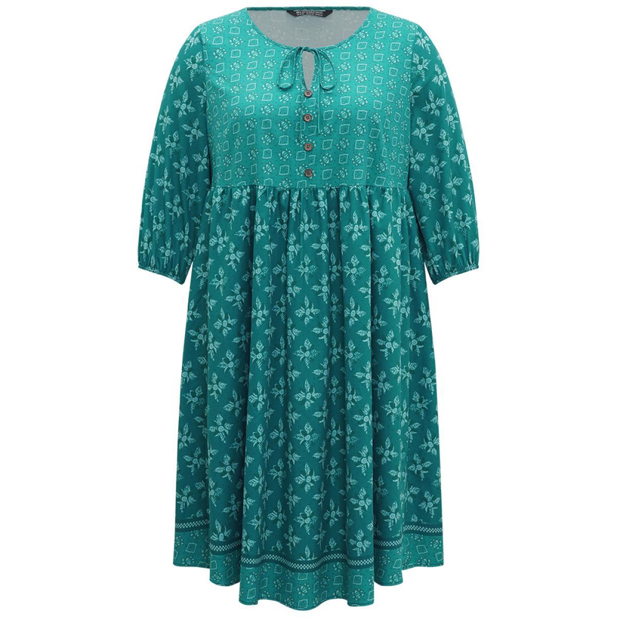 Plus Size Bandana Print Tie Neck Button Detail Dress Emerald Women Vacation Elastic cuffs Tie Neck Elbow-length sleeve Curvy Midi Dress BloomChic 22-24/3X Product Image