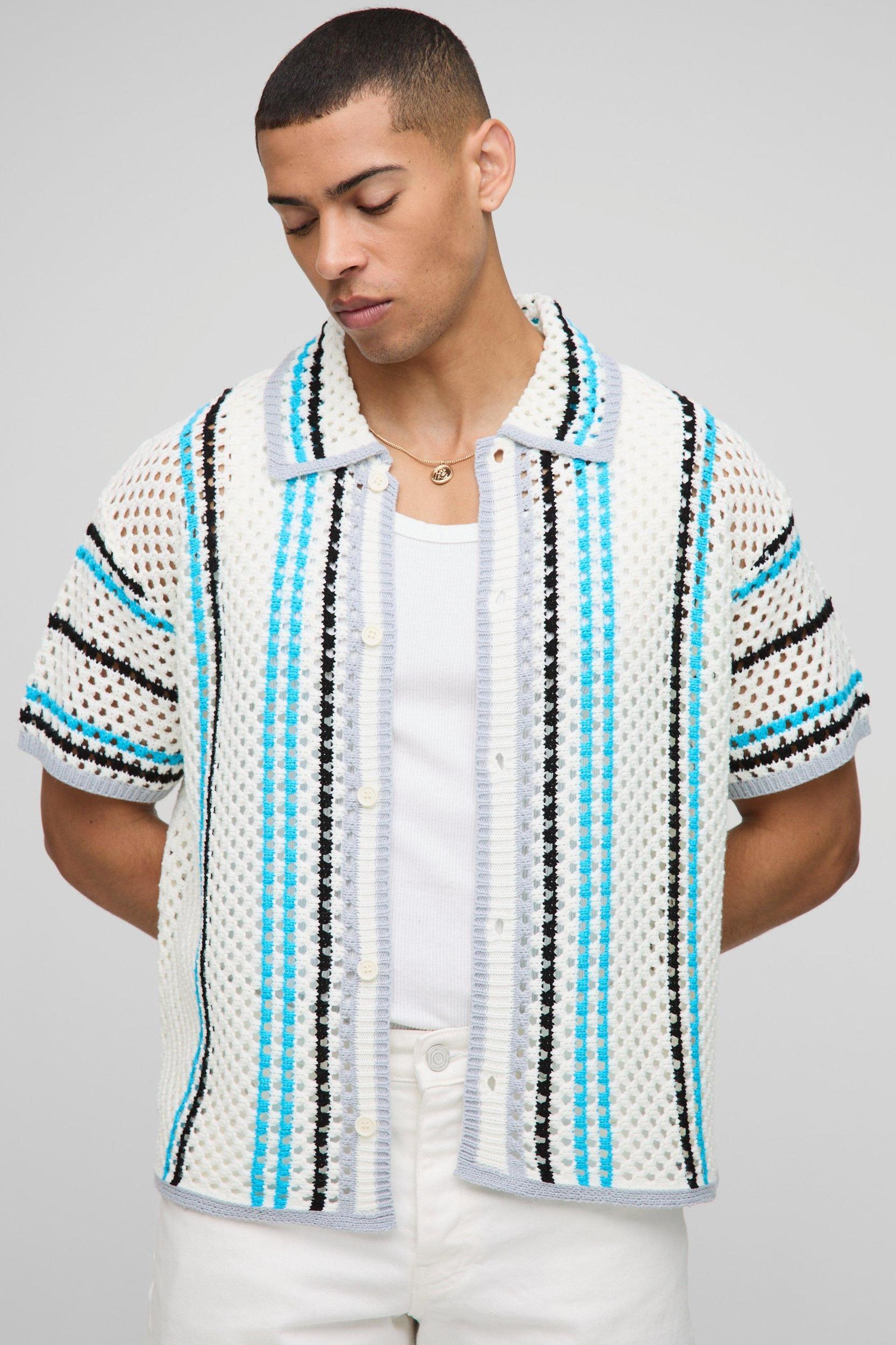 Oversized Boxy Open Knit Stripe Shirt | boohooMAN USA Product Image